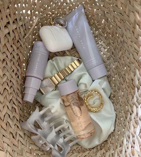 Beauty Basket, Current Aesthetic, Fenty Skin, Glowing Radiant Skin, Lavender Haze, Premium Skincare, Vsco Girl, Classy Aesthetic, Cosmetics Bag