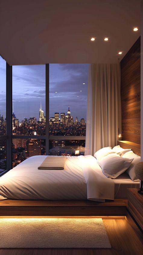 "City View Bedroom: A #luxurious bedroom with a #panoramic #view of the city #skyline during the evening twilight. #interiordesign #twilight #decor #urban #architecture #contemporary #smartliving #stockcake ⬇️ Download and 📝 Prompt 👉 https://stockcake.com/i/city-view-bedroom_194583_34564" Small City Apartment Bedroom, Luxurious Penthouse Bedroom, Bedroom With City View, Twilight Decor, City View Bedroom, Urban Bedroom, Minimalist Bed Frame, City Bedroom, Urban Living Room