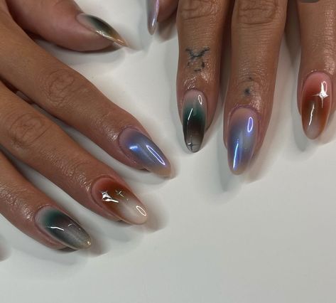 Opal Cat Eye Nails, Milky Aura Nails, Jewel Tone Nail Art, Airbrush Gel Nails, Multicolor Aura Nails, French Tip Aura Nails, Ombre Aura Nails, Russian Manicure Design, Taurus Nails