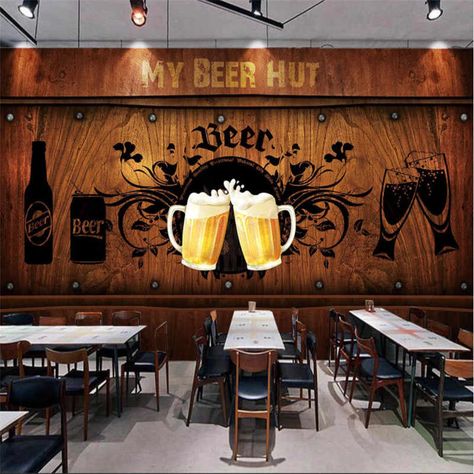 Bar Wall Design, Cheap Wallpaper, Retro Cafe, Large Mural, Beer Bar, Green Decor, Retro Wallpaper, Wall Bar, Wallpaper Wall