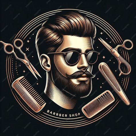 Mens barber shop logo consisting of a comb and scissors with bronze stripes on a black background | Premium AI-generated image Barber Background, Barber Shop Logo, Mens Barbershop, Salon Pictures, Shop Logo, Barber Shop, Black Background, A Black, Black Backgrounds