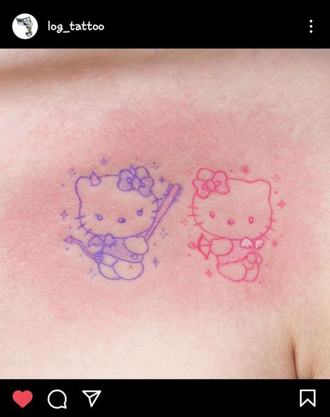 Matching Sanrio Tattoos, Tatuajes Hello Kitty Tattoos, My Melody Tattoo, Hello Kitty Tattoo Ideas, Tatuaje Hello Kitty, Playboy Tattoo, Soft Tattoo, Hello Kitty Tattoo, Maching Tattoos