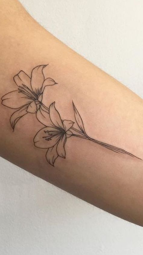 Tattoos Lily Flower, Linework Lily Tattoo, Tattoos Of Lilies, Lilly And Rose Tattoo Small, Two Lillies Tattoo, Surprise Lily Tattoo, Lily’s Tattoo, Stargazer Lily Fine Line Tattoo, Tattoo Of A Lily Flower