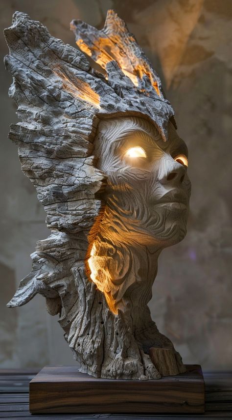 Big Sculpture Art, 3d Sculpture Ideas, Diy Statue, Stone Sculpture Art, Surrealism Sculpture, Driftwood Art Sculpture, Wood Carving Art Sculpture, Sculpture Head, Natural Wood Texture