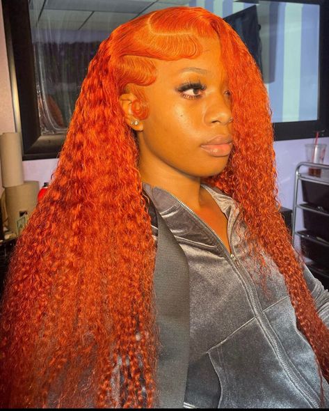 Orange Wet And Wavy Wig, Wet And Wavy Colored Wigs, Vacay Hairstyles, Wigs Ginger, Hair Color Ginger, Orange Wigs, Wig Installation, Lace Wigs Styles, Sew In Wig