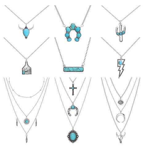 PRICES MAY VARY. 💃💃【Western Necklace Set】9 Pcs Western Turquoise Jewelry for Women in a Set, Including Lightning Bolt Necklace, Bar Necklace, Horseshoe Necklace, Layered Turquoise Necklace and Cow Tag Necklace And So On, Enough Choices for Womens Western Fashion Needs. Boho Design Better Express Your Personality and Show Your Charm. 👧👧【Adjustable Boho Necklace】Single-Layer Necklaces are Available In 20 Inches In Length, With 2 Inches Extension Chains, While Multi-Layer Necklaces are Availabl Western Jewelry Necklace, Turquoise Jewelry Western, Teal Jewelry, Turquoise Cross Pendant, Lightning Bolt Necklace, Cowgirl Accessories, Country Jewelry, Western Necklaces, Necklaces Set