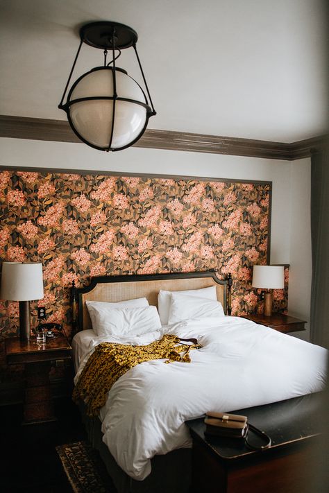 Brass Headboard Bedroom Ideas, Wallpaper Headboard Wall, Wallpaper Headboard Ideas, Headboard And Wallpaper, Wallpaper Headboard, Navy Bedrooms, Coffee In Bed, Headboard Ideas, Headboard Wall