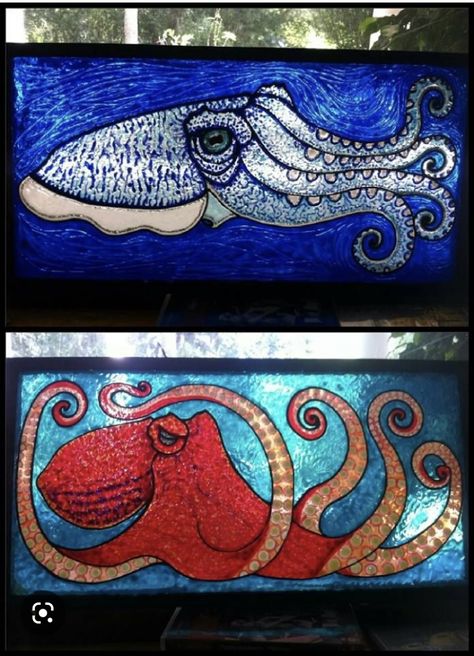 Octopus Glass Art, Octopus Stained Glass Pattern, Stained Glass Octopus, Octopus Pictures, Mosaic Stained, Glass Mosaic Art, Octopus Art, Stained Glass Designs, Glass Fish