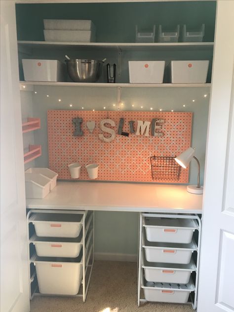 Craft closet/ daughter's Slime Shop Kids Craft Desk With Storage, Craft Closet Organization On A Budget, Slime Room Ideas, Small Closet Craft Room Ideas, Slime Hutch Layout, Craft Closet Storage, Closet Craft Room Ideas, Slime Station Organization, Deep Closet Craft Desk