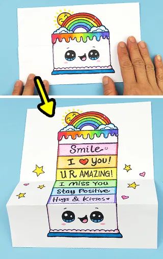 Folding Surprise Rainbow Cake – Draw So Cute Cute Drawings For Kids Kawaii, Cute Birthday Cake Drawing, Cute Food Drawings Kawaii, Cake Drawing For Kids, Cute Happy Birthday Drawings, Cake Drawing Easy, Surprise Drawing, Cake Draw, Folding Surprise