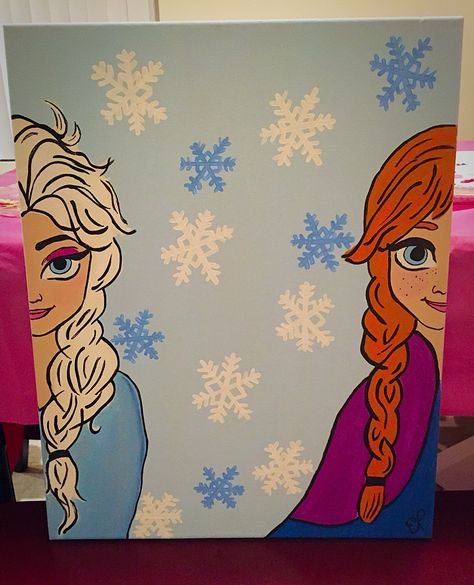 elsa and anna Frozen Painting Canvases, Elsa Canvas Painting, Frozen Acrylic Painting, Frozen Painting Ideas, Elsa Painting Easy, Frozen Painting Easy, Princess Painting Ideas, Elsa And Anna Painting, Frozen Canvas Painting