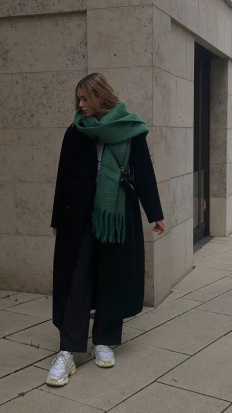 Winter Lisbon Outfits, Vienna Fashion Winter, Europe Winter Outfits 2024, Black Coat And Scarf, Black Coat Aesthetic, Big Coat Outfit, Cold Outside Outfit, London Street Style Winter, Green Scarf Outfit