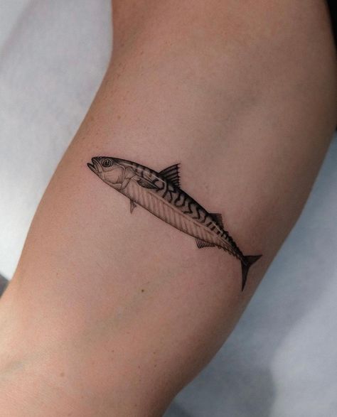 Muskie Tattoo, Men Fish Tattoo, Mackerel Tattoo Design, Mackerel Tattoo, Small Fish Tattoos For Men, Sawfish Tattoo, Fish Tattoo Salmon, Harry Potter Dog, Horrible Tattoos