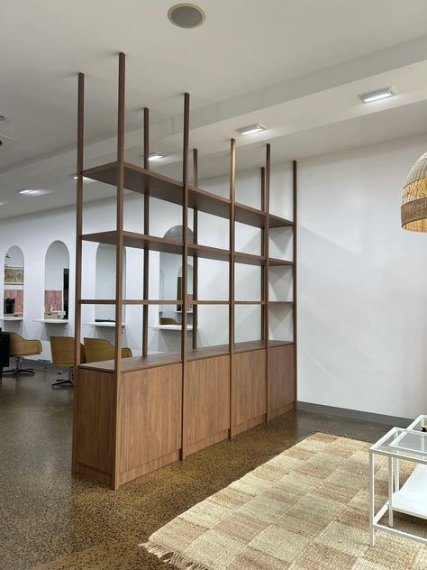 Custom Shelving Units for a Hairdresser here in Bendigo. It was incredible to watch this get made. Doors & Shelving - Polytec Florentine Walnut Melamine Woodmatte Posts - @polytec Florentine Walnut Steccawood Woodmatte #customfurniture #livingroomdecor #luxuryfurniture #homelibrary #library #bookshelf #bookshelves #rilex #bendigo #australianbusiness #home #interiordesign #homedecor #design #interior #decor #homedesign #interior #homedesign #architecture #furniture #renovation Walnut Bookshelf, Library Bookshelf, Custom Shelving, Shelving Units, Room Update, Furniture Renovation, Home Library, Luxury Furniture, Custom Furniture