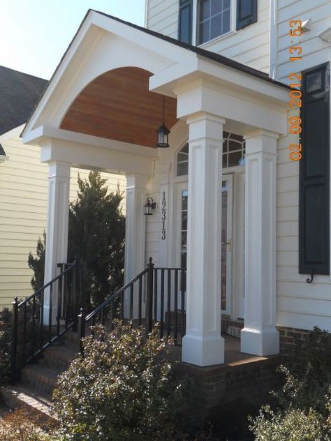 Colonial Revival Front Porch, Peaked Front Porch, Adding A Porch To A Colonial Home, Colonial House Porch, Portico Colonial, Colonial Portico Entrance, Georgian Portico, Colonial Front Porch Ideas, Arched Portico Front Entry