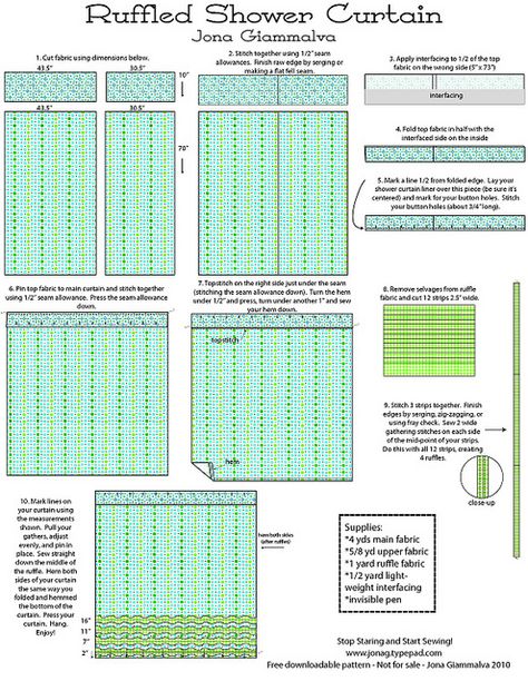 free pattern - Ruffled Shower Curtain by JonaG Ruffled Shower Curtain, Sewing Ruffles, Diy Drapes, Button Hole Stitch, Curtain Tutorial, Diy Shower Curtain, Ruffle Shower Curtains, Start Sewing, Quilt Sewing Patterns