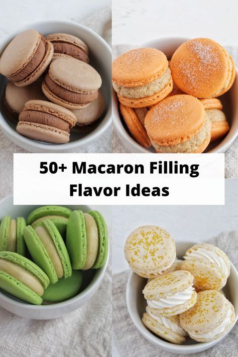 four flavors of macarons all sitting in separate bowls. Marshmallow Filling For Macarons, Tasty Macarons Recipe, Patisserie, Macaroons Flavors Macaron Filling, Macaron Fillings Flavors, Easy Macaron Flavors, Macrons For Beginners, Almond Macaron Filling, Macaron Cookie Recipe