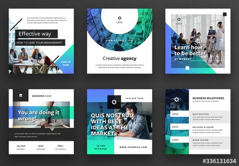 Stock Image: Social Media Post Layout Set with Green and Blue Gradient Overlays Social Media Post Layout, Blue Design Graphic, Nonprofit Social Media, Post Layout, Illustrator Design Tutorial, Business Poster, Instagram Template Design, Sports Graphic Design, Social Media Design Inspiration