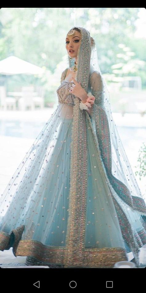 Sky Blue Bridal Dress Pakistani, Blue Nikah Dress, Pakistani Engagement Dresses Simple, Blue Nikkah Dress, Nikkah Board, Sky Blue Gown, Bridal Dresses 2022, Sky Blue Lehenga, Bride Aesthetic