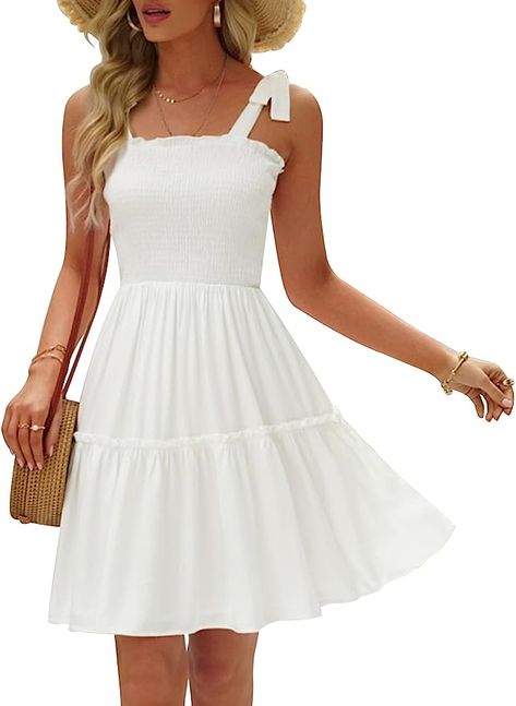 Ailsi Womens White Casual Sundresses for Women 2023 Trendy Spaghetti Strap Dress Square Neck Sleeveless Knee Length Graduation College Dress Cowgirl Mini Boho Dresses for Women Summer(Large,Ivory) at Amazon Women’s Clothing store 1905 Dress, Sleeveless Dress Outfit, Summer Casual Dresses, College Dress, Short Sundress, Beautiful Mini Dresses, Tie Up Dress, Sun Dress Casual, Smocked Mini Dress