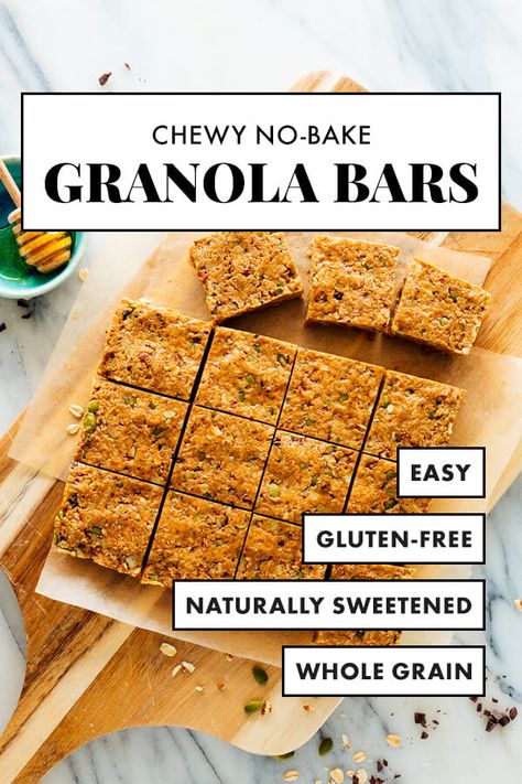 Make these easy no-bake granola bars for future hangry moments! These wholesome bars are made old-fashioned oats, peanut butter, honey or maple syrup, and your choice of mix-ins. They're whole grain, naturally sweetened, gluten-free goodness. #granolabars #healthysnack #glutenfree #naturallysweetened #cookieandkate Bake Granola Bars, Best Granola Bars, No Bake Granola, Easy Granola Bars, Granola Bar Recipe, Cookie And Kate, Easy Food Recipes, No Bake Granola Bars, Baked Granola