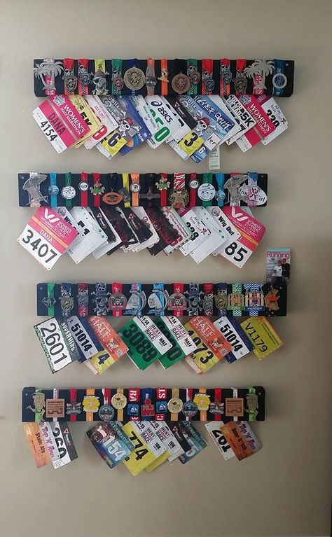 Over the past 4 years, D and I have run many races.  We enjoy it and love that we do it as a team.  Well 2 times the races and 2 times the race medals start to add up.  We needed  a display for the… Running Display, Race Medal Displays, Running Bibs, Running Medal Display, Running Medal, Marathon Medal, Race Medal, Running Medals, Race Bibs