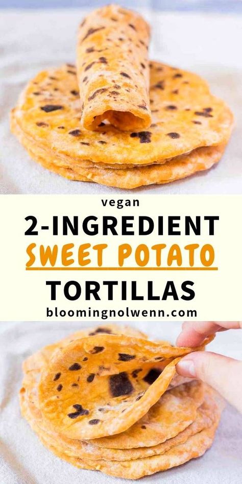 2-ingredient vegan sweet potato tortillas are easy to make and ready in 15 minutes! These homemade tortillas are soft, healthy, delicious and can be made gluten-free! #tortillas #sweetpotato #homemadetortillas Easy Vegan Low Carb Meals, Healthy Sweet Potato Cornbread, Sweet Potatoes Tortillas, Riced Sweet Potato Recipes, Basic Ingredient Recipes, Vegan Sweet Potato Recipes Dinners, Sweet Potato Sweet Recipes, Cassava Arepas, Sweet Potato Vegan Recipes