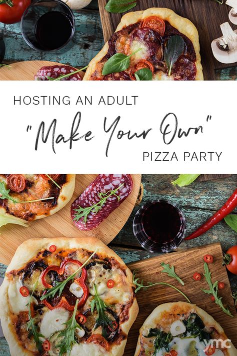 Host an Adult “Make Your Own” Pizza Party :: YummyMummyClub.ca Diy Pizza Night Party, Create Your Own Pizza Bar, Individual Pizza Party, Diy Pizza Party Ideas, Pizza Party Toppings, Pizza Party Ideas Entertaining, Pizza Party At Home, Diy Pizza Bar Party Ideas, Ooni Pizza Party