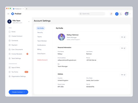 ProDeel - Account Settings/Profile Page designed by Rafiqur Rahman for Filllo Design Agency. Connect with them on Dribbble; the global community for designers and creative professionals. Website Account Page, Profile Page Design Website, User Profile Web Design, Web Design Profile, Social Media Profile Design, Profile Page Web Design, User Dashboard Ui Design, Profile Ux Design, Account Page Design