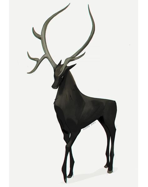 Black Deer Art, Fantasy Deer Art, Deer Drawing Reference, Deer Character Design, Stag Drawing, Deer Character, Antler Illustration, Deer Reference, Stag Art