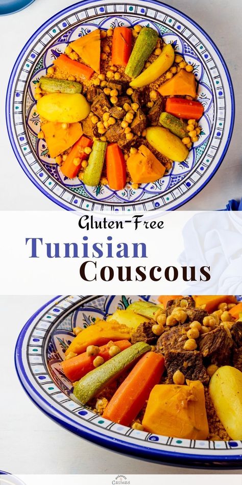 Tunisian couscous is a classic traditional dish that is comforting and flavorful. The couscous is steamed and served with meat, vegetables, and chickpeas. This dinner recipe takes approximately an hour to make and is full of nutrients. Bring the North African cuisine directly to your dinner table with this flavorful recipe. Dinner Ideas Couscous, Algerian Couscous Recipes, Tunisian Recipes Dishes, Tunisian Food Recipes, Tunisian Couscous Recipe, Cuscus Recipes, African Vegetables, Couscous Vegetables, Tunisian Dishes