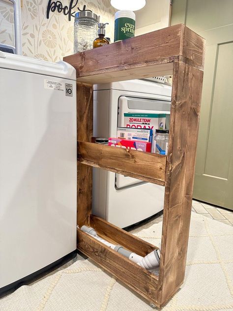 Next To Washer Storage, Small Space Between Washer And Dryer, Diy Shelf Between Washer And Dryer, Shelf For Between Washer And Dryer, Laundry Cart Between Washer And Dryer, Laundry Room Diy Storage, Washer Room Ideas Small Spaces, Diy Laundry Cart On Wheels, Storage Above Washer And Dryer Ideas