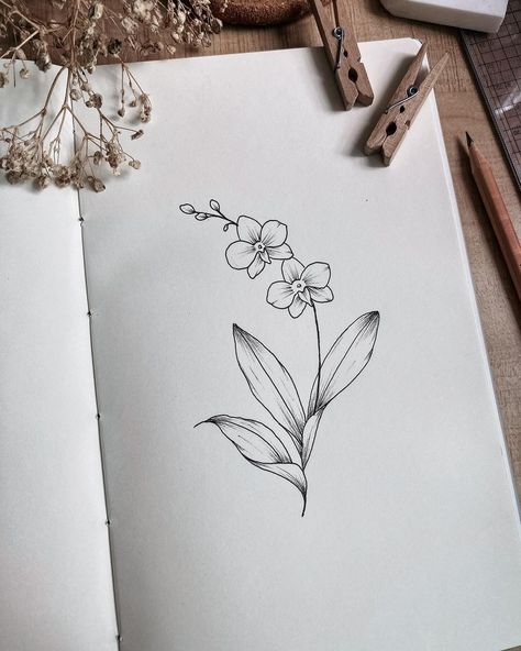 #floralinspiration • O is for Orchid, which means refined beauty. 💜 I’ve included a little clip to show you how I draw the leaf. Swipe to … | Instagram Simple Orchid Drawing, How To Draw Orchids, Orchid Drawing Simple, Orchid Line Drawing, Orchid Outline, Fine Line Orchid Tattoo, Orchids Drawing, Orchid Sketch, Leaf Sketch