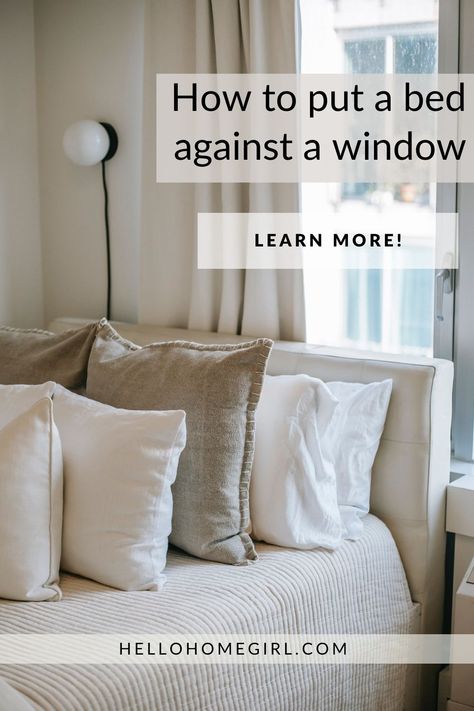 Yes, it’s possible to place a bed against a window. Find out how you can put your bed against a window without destroying your wall or window. Say goodbye to wasted space and hello to a stunning bedroom makeover! 😍 Discover clever and stylish ways to put a bed against a window and create the ultimate cozy retreat. 🛌🌟🌇👌📌 Save this Pin for later! How To Style Bed In Front Of Window, Bed In Front If Window, Bed Over Window Small Bedrooms, Bedroom Ideas For Small Rooms Window Behind Bed, Bed With Offset Window, Window Treatments Above Bed, Not Centered Window In Bedroom, Primary Bedroom Bed In Front Of Window, Bed Against The Window Ideas