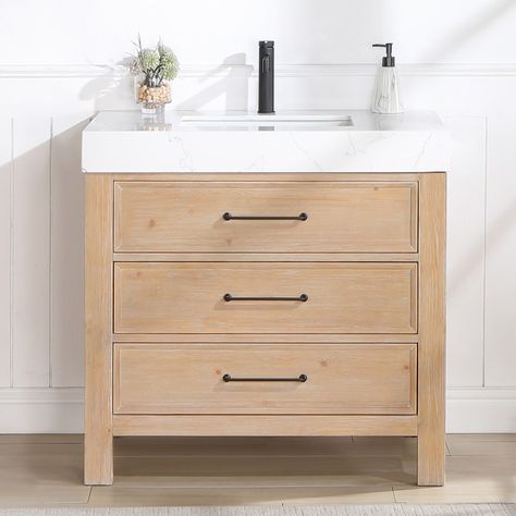 Leon 36 in. Single Bathroom Vanity in Fir Wood with Composite top - Bed Bath & Beyond - 37633096 Tiny Bathroom Vanity, 24 Inch Vanity, Powder Room Remodel, 24 Inch Bathroom Vanity, 30 Vanity, Ceramic Undermount Sink, Drawer Inserts, Wall Niche, Matte Black Hardware