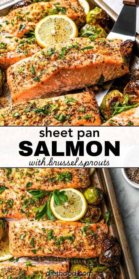 This easy sheet pan salmon dinner has juicy salmon fillets roasted with garlicky Brussels sprouts all in the same pan. Great for weeknights! #sheetpan #dinner #salmonrecipe Sheet Pan Salmon And Veggies, Salmon With Veggies, Diethood Recipes, Healthy Salmon Dinner, Salmon And Veggies, Sheet Pan Salmon, Oven Roasted Salmon, Side Dishes For Salmon, Pan Salmon