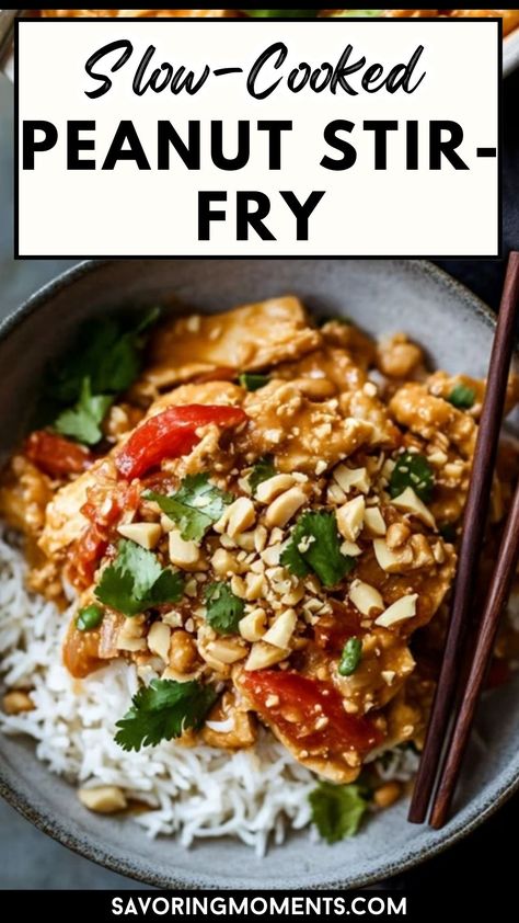 Love peanut sauce? This slow-cooked peanut stir-fry is drenched in creamy, savory goodness. With your favorite veggies and proteins, this dish transforms simple ingredients into an irresistible dinner made easy in the slow cooker.

#SlowCookedMeals #PeanutSauceMagic #ComfortInABowl #HealthyAndDelicious #DinnerIdeas #CreamyPeanutFlavors #SimpleMealSolutions Peanut Sauce Stir Fry, Thai Chicken Stir Fry, Creamy Peas, Stir Fry Recipe, Slow Cooked Meals, Chicken Stir Fry, Stir Fry Recipes, Cooking Prep, Peanut Sauce