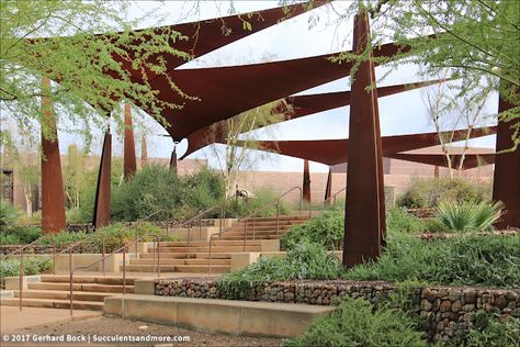 Scottsdale Xeriscape Demonstration Garden: gabions, shade sails, and desert plants Dessert Landscaping, Land Forms, Desert Landscape Design, Desert Shade, Drought Resistant Landscaping, Landscaped Garden, Complex Design, Shade Sails, Desert Garden