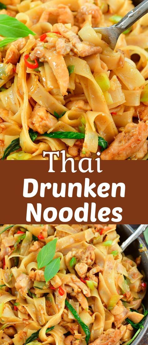 Spicy Basil Noodles, Thai Basil Uses, Thai Rice Noodle Recipes, Thai Chili Peppers, Wide Rice Noodles, Tasty Noodles Recipe, Thai Recipes Noodles, Pad Kee Mao, Food In Thailand