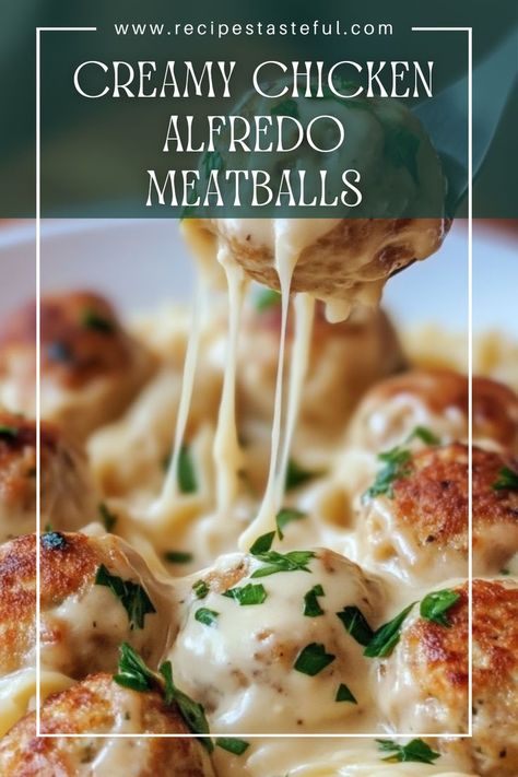 These creamy chicken Alfredo meatballs are a deliciously comforting dish, combining tender meatballs with a rich and velvety Alfredo sauce. Perfect for serving over pasta or with garlic bread, it's a family favorite that will please everyone at the dinner table. Garlic Alfredo Chicken Meatballs, Chicken Meatballs Cream Sauce, Chicken Meatball Alfredo, Chicken Alfredo Meatballs, Creamy Chicken Meatballs, Meatball Alfredo Pasta, Meatballs And Alfredo Sauce, Meatballs With Alfredo Sauce, Chicken Meatballs And Pasta