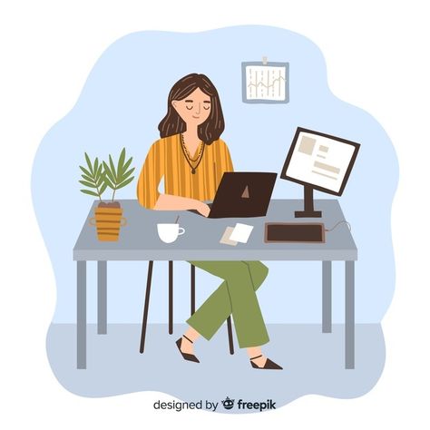 Programador mujer haciendo su trabajo en... | Free Vector #Freepik #freevector #mujer #portatil #colorido #humano Office Flats, Illustration Art Girl, Charts And Graphs, Elements Of Style, Flat Illustration, Flat Design, Vector Photo, Cute Cartoon, Vision Board