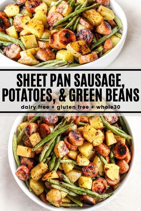 Sausage Potatoes Green Beans, Sausage With Potatoes, فاصوليا خضراء, Sheet Pan Sausage, Potatoes And Green Beans, Dairy Free Recipes Dinner, Dairy Free Dinner, Sausage Potatoes, Pan Dinners