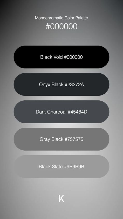 Monochromatic Color Palette Black Void #000000 · Onyx Black #23272A · Dark Charcoal #45484D · Gray Black #757575 · Black Slate #9B9B9B Dark Gray Palette, Grey Color Palette Hex Codes, Greyscale Color Palette, Black And Grey Color Palette, Greyscale Colour Palette, Greyscale Palette, Dark Mode Color Palette Ui, Charcoal Color Palette, Darkness And Light