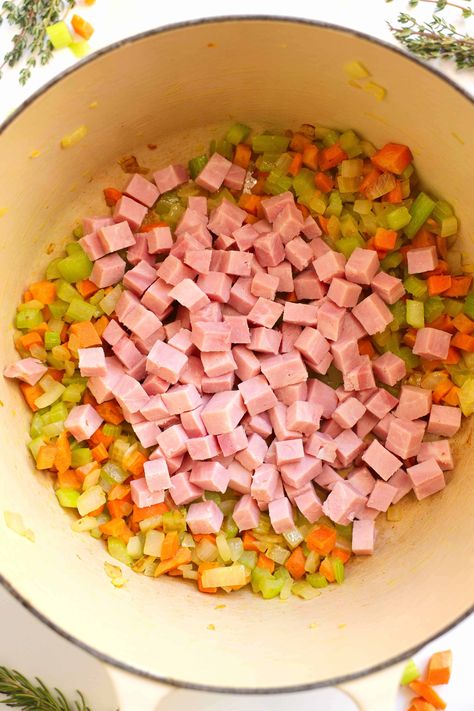 Cubed ham added to the Dutch oven with onions, carrots, and celery Cubed Ham Recipes, Cubed Ham Recipes Dinners, Cubed Ham, Navy Bean Soup, Carrots And Celery, Navy Bean, Ham Recipes, Cold Night, Bean Soup