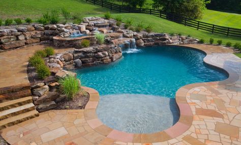 10 Mistakes People Make When Buying a Swimming Pool Fun Pool Designs, Cheap Pools Inground, Rustic Pool Ideas, Pool Designs With Tanning Ledge, Country Pool Ideas, Beach Entry Swimming Pools, Beach Pools Backyard, Backyard Inground Pool Ideas, Pool Inspo Pics