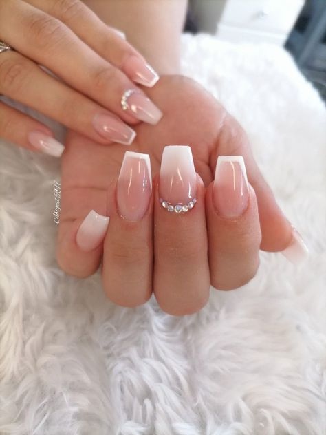 Glam Bridal Nails, Nagel Inspo Ballerina, Prom White Nails, Ballerina Nails Short Classy, Short Ballerina Acrylic Nails, Cute Ballerina Nails Short, Ombre Nails With Diamonds, Senior Nails Ideas, White Nails Prom