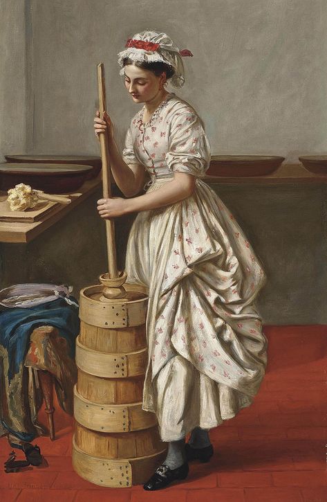 Valentine Cameron Prinsep - The butter chum - Category:Valentine Cameron Prinsep - Wikimedia Commons Butter Churn, Dante Gabriel Rossetti, John Everett Millais, Churning Butter, Cross Stitch Supplies, Pre Raphaelite, Whistler, Traditional Art, Embroidery Patterns