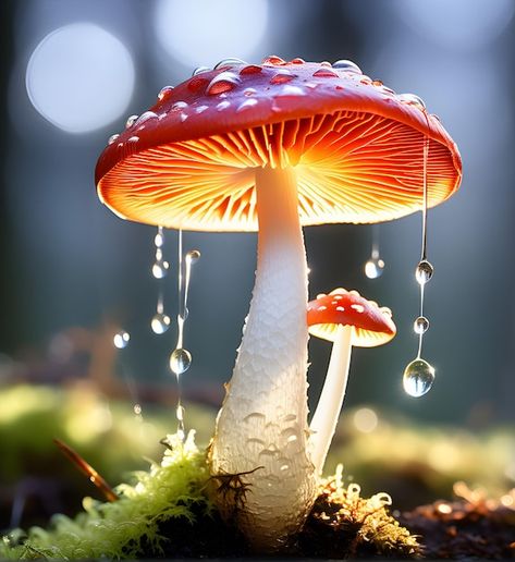 Photo illuminated red mushrooms with dew... | Premium Photo #Freepik #photo Mushroom Forest Photography, Red Mushroom Photography, Mushroom Photos Nature, Mystical Forest Creatures, Beautiful Mushrooms Photography, Mushroom Reference Photo, Illustrators Portfolio, Whimsical Plants, Mushrooms Photography