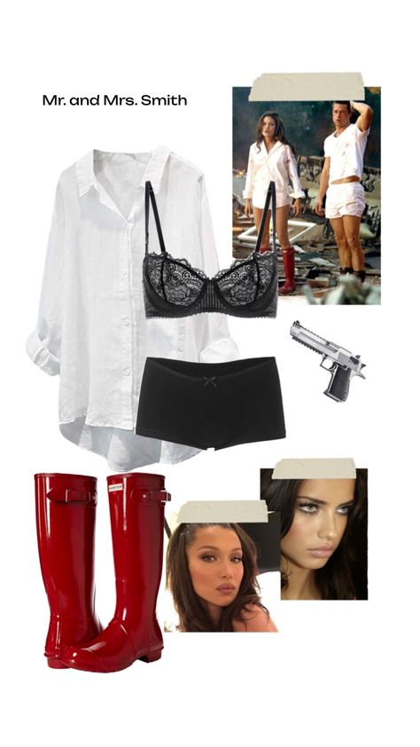 A collection comprising a white button-down shirt, black lingerie, shiny red boots, and a toy pistol, capturing the cinematic style of "Mr. and Mrs. Smith." Casual Halloween Outfits Costumes, Casual Halloween Outfits, Iconic Halloween Costumes, Classy Halloween Costumes, Unique Couple Halloween Costumes, Cute Group Halloween Costumes, Mr And Mrs Smith, Pretty Halloween Costumes, Hallowen Ideas