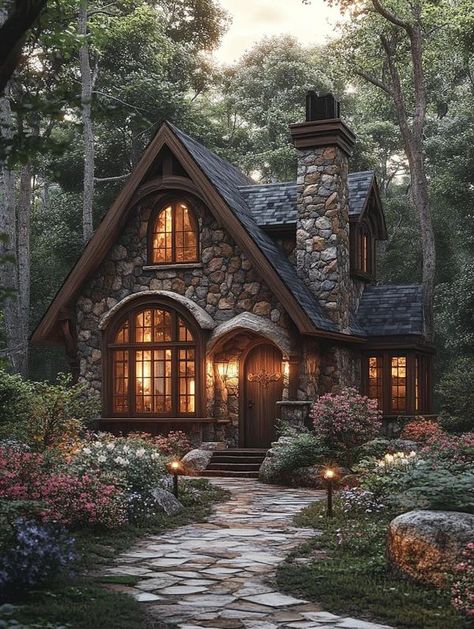 Off Grid Living Stone House Plans, Honeymoon Cottage, Cottage House Exterior, Stone Cabin, Brick Cottage, Tudor Cottage, Exterior House Design, Forest Cottage, Storybook Cottage